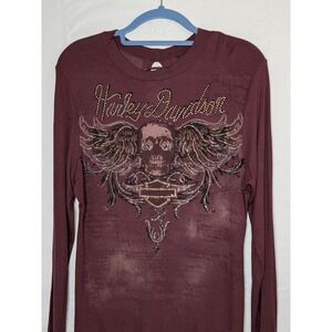 Harley-Davidson Womens Burgundy Rhinestone Winged Skull Lace Up Back L/S Shirt